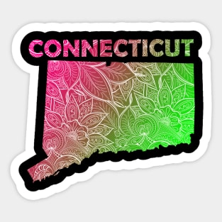 Colorful mandala art map of Connecticut with text in pink and green Sticker